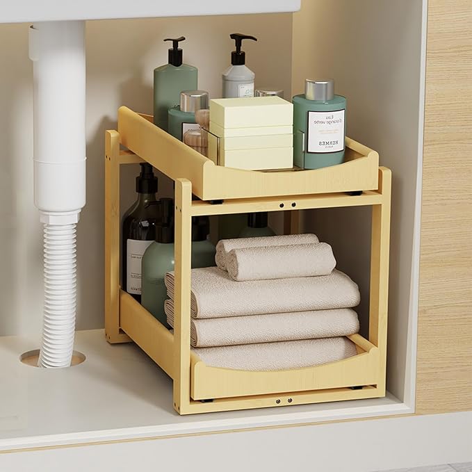 Wisuce Essentials Bamboo Under Sink Organizer, Adjustable Height, 2-Tier Bathroom Organizer, Pull-Out Cabinet Storage, Heavy-Duty Wood Slide-Out Shelf for Kitchen Bathroom (Nature, 1 Pack)