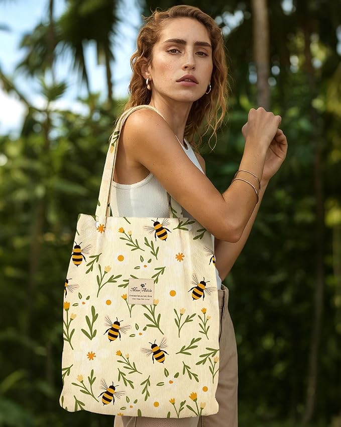 Miss Adola Corduroy Tote Bag for Women - Reusable Totes with Pocket & Buckle Cute Aesthetic Shoulder Bag for Work Travel