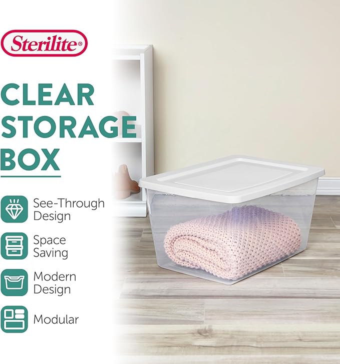 Sterilite 6 Pack Storage Boxes, Clear Plastic Stackable Containers, Lightweight Home Organizers with Snap Lids, 58 Quart, White