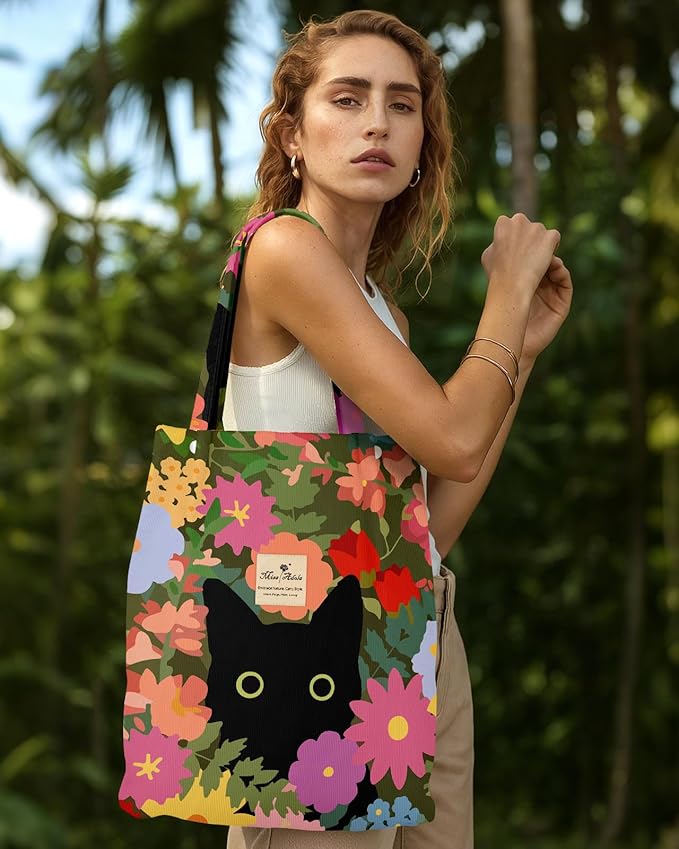 Miss Adola Corduroy Tote Bag for Women - Reusable Totes with Pocket & Buckle Cute Aesthetic Shoulder Bag for Work Travel