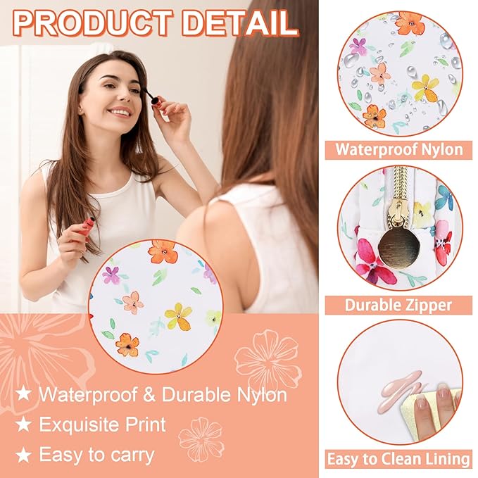 Waterproof Small Floral Makeup Bag Pouch for Purse, Nylon Flower Cosmetic Bag Preppy Travel Toiletry Storage Bag for Women Girl, Cute Makeup Organizer Bag Pouch with Zipper (Small Colorful-Flowers)