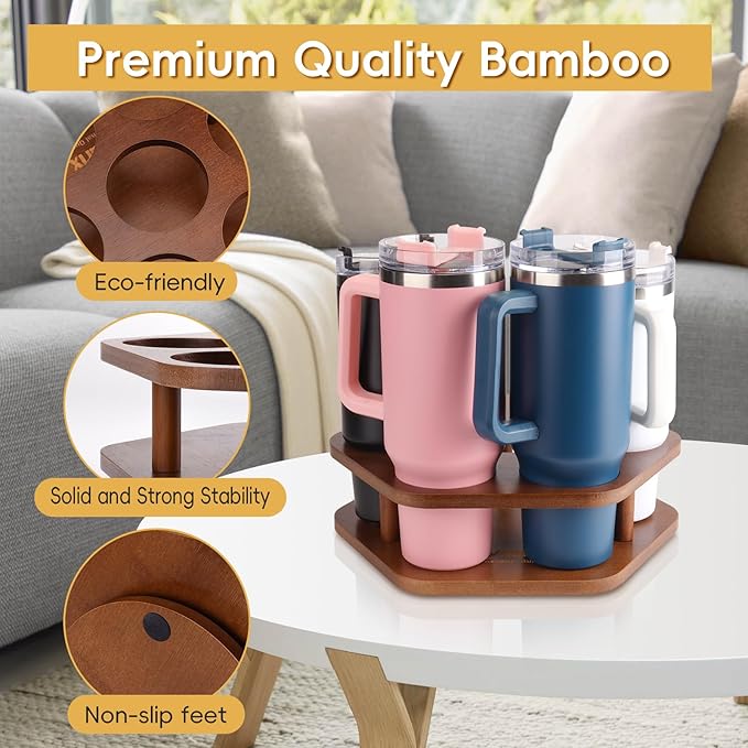 Water Bottle Organizer for Stanley 40 oz Tumbler, 7 Slots Rotatable Stanley Cup Organizer for Kitchen Cabinets, Wood Tumbler Organizer Holder for Stanley Cup Accessories Brown