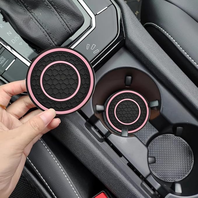 Car Cup Coaster Universal Automotive Waterproof Non-Slip Cup Holders Sift-Proof Spill Holder Car Interior Accessories 2 Pack Black & Pink