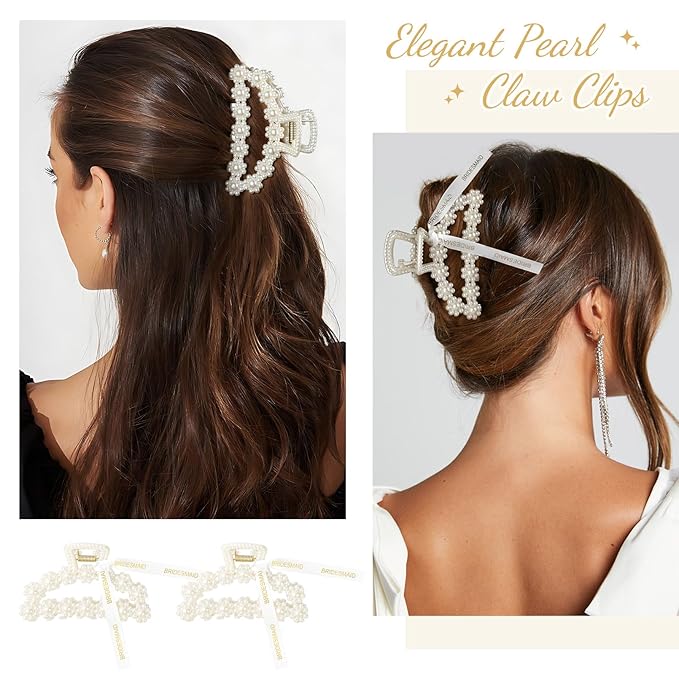 DEEKA Bridesmaid Proposal Gifts 8 Pack Pearl Bridesmaid Hair Claw Clips with Ribbon 3.7 Inch Large Hair Clips Bachelorette Party Favors Bridal Party Present Hair Accessories (Half Circle L)