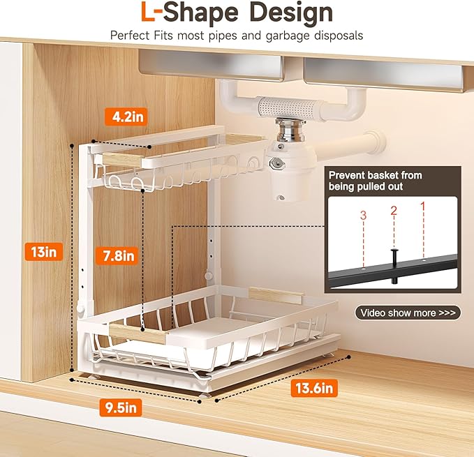 Sevenblue 2 Packs Under Sink Organizer, Height Adjustable 2 Tier Under Kitchen sink organizer, Multi-Purpose Storage Shelf for Kitchen Bathroom Cabinet (White, Large)