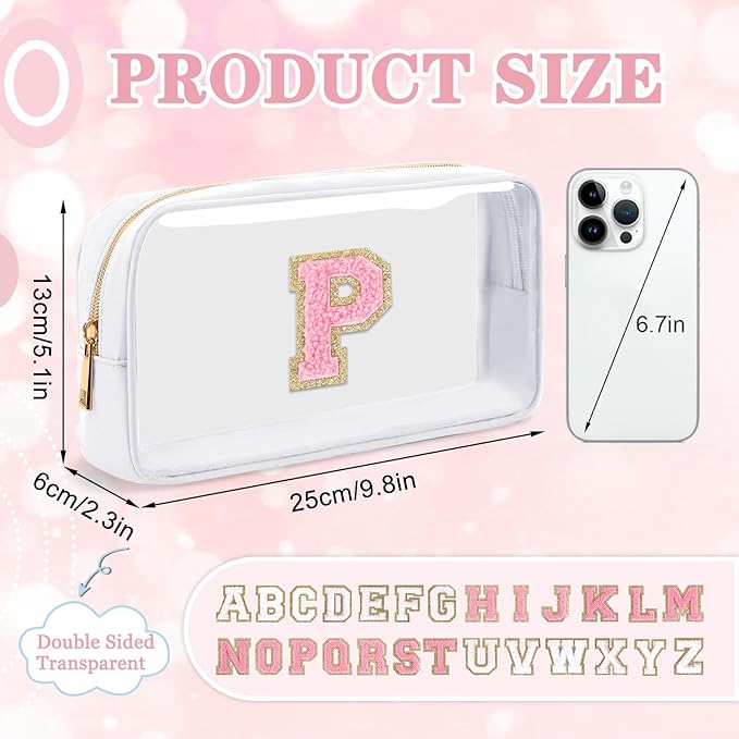 Small Clear Personalized Initial Makeup Bag, Preppy Nylon A-Z Chenille Letter Patch Makeup Organizer TSA Approved Travel Toiletry Bag,Waterproof Zip Beach Cosmetic Pouch Purse for Women(White-Pink P)