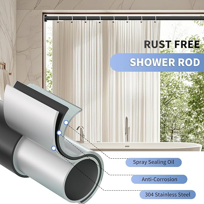 Black Shower Curtain Rod 34-96 Inches(2.8-8ft) Never Rust Adjustable Shower Rod Spring Tension Non Slip No Drilling Shower Rods for Bathroom Garland Window
