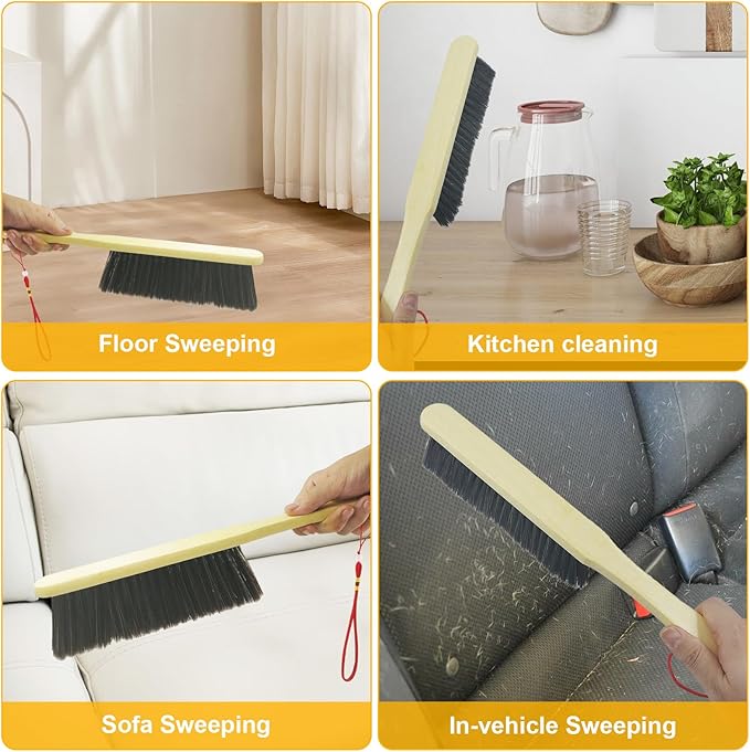 2 Piece Wooden Hand Broom, Dust Brush,Bench Brushes,Soft Bristles, Long Fireplace Brush with Wood Handle for Clothes Household Cleaning, Counters, Beds, Sofas, Car Fireplaces, Benches, Furniture