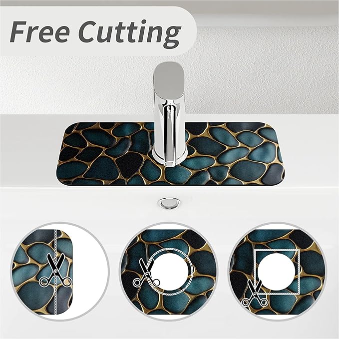 Kitchen Sink Splash Guard, Blue and Gold Stones Faucet Mat Sink Gadgets - Super Absorbent Fast Drying Mat Drip Catcher for Kitchen, Bathroom, Sink Mat, Dish Drying Mat, Bathroom (15" x 5.5")