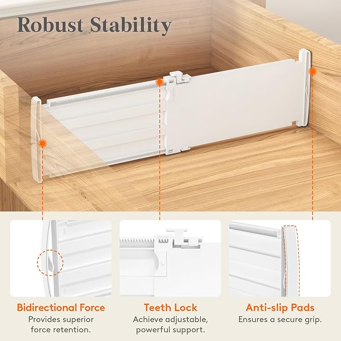 Lifewit 4 Pack 5" High Drawer Dividers for Clothes, 11.5"-18.5" Expandable Dresser Drawer Organizers, Adjustable White Plastic Separators for Kitchen, Cabinet, Nursery, Socks & Underwear Storage