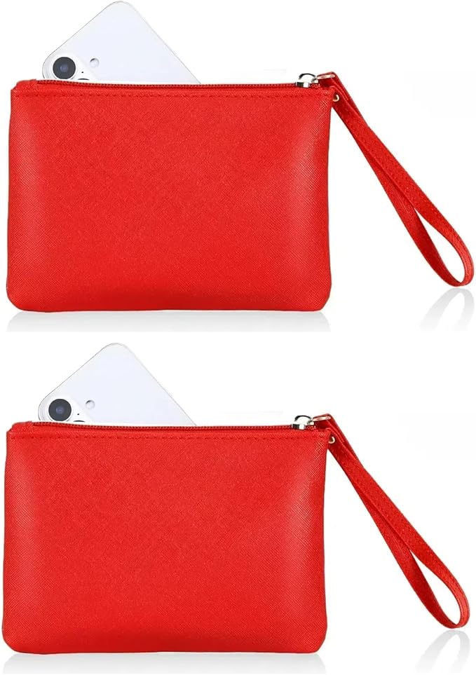 2 Pack Small Zipper Pouch Mini Makeup Bag for Purse Lipstick Cosmetic Travel Make Up Organizer for Women Essentials Feminine Products, Car Change Coin Holder 8x5 Phone Wristlet Wallet, Red