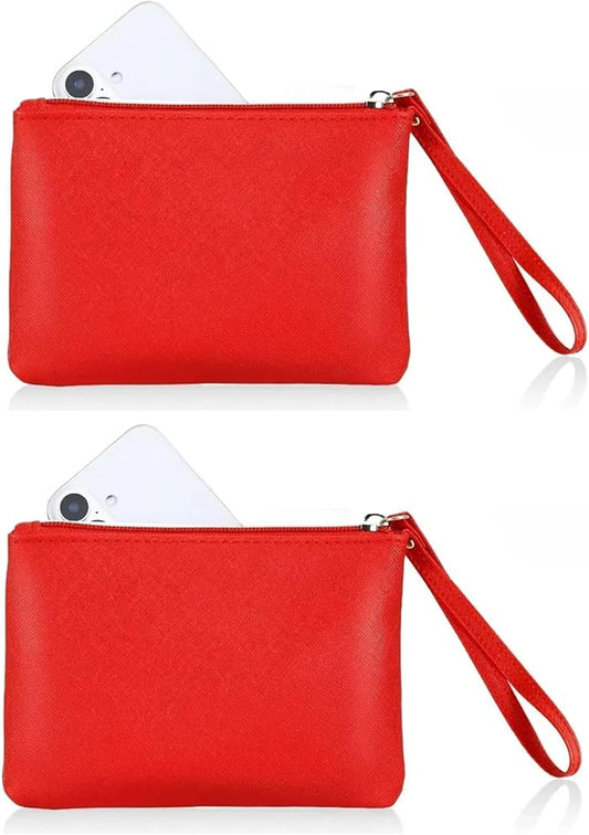 2 Pack Small Zipper Pouch Mini Makeup Bag for Purse Lipstick Cosmetic Travel Make Up Organizer for Women Essentials Feminine Products, Car Change Coin Holder 8x5 Phone Wristlet Wallet, Red