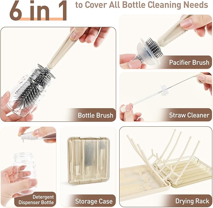 Baby Bottle Brush Set, 6-in-1 Travel Bottle Cleaning Kit with Silicone Bottle Brush, Nipple & Straw Brush, Soap Dispenser, Drying Rack, Storage Box – Compact Travel Baby Essential for Home & On-The-Go