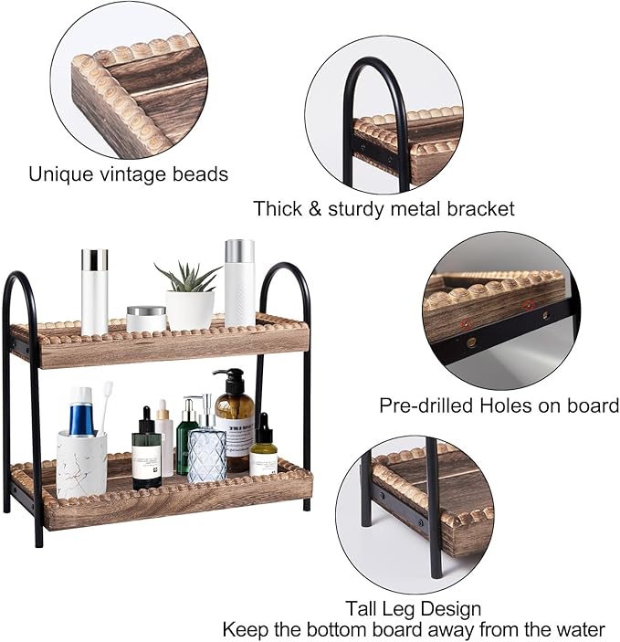 Bathroom Countertop Organizer, 2 Tier Vanity Organizer and Storage for Cosmetic Skincare Perfume, Wood Bead Storage Shelf for Bathroom Kitchen Coffee Station