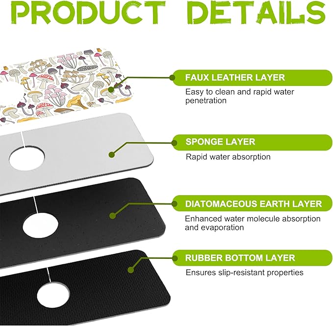 Kitchen Sink Splash Guard Faucet Mat Super Absorbent Fast Drying Mat Guard Behind Faucet Drip Catcher for Kitchen Bathroom (Colorful Mushrooms, 23.5"X5.5")