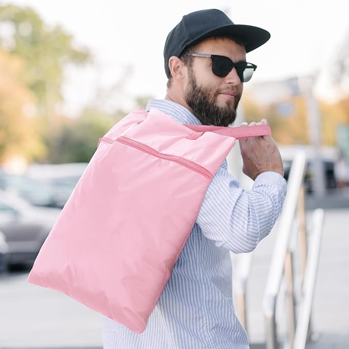 2 Pcs Travel Laundry Bags Waterproof with Handle Dirty Clothes Bag for Traveling Hanging Laundry Hamper with Two Zippered Pockets Washable Reusable for Sports Home Travel College Dorm (Pink)