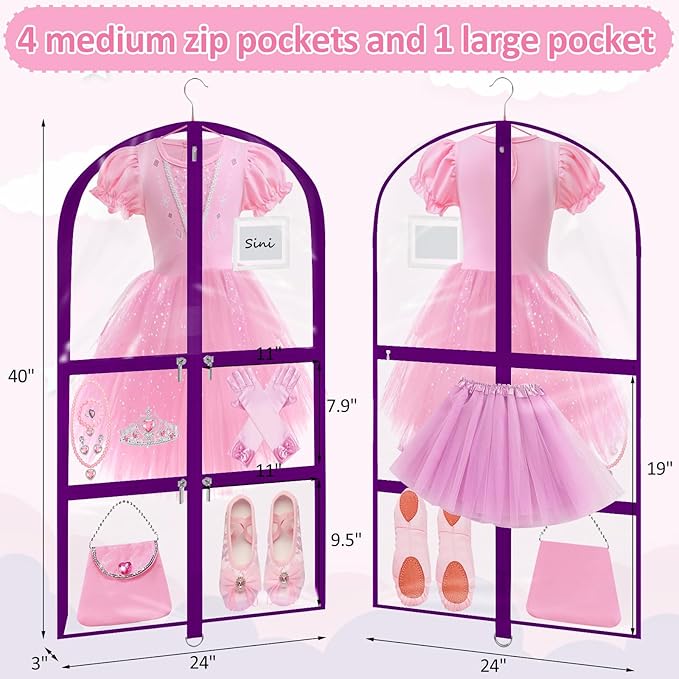 Garment Bags for Dance Costumes - 40 Inch Clear PVC with 5 Zipper Pockets (3 Pack) - Kids Dance Garment Bag for Dancers, Hanging Clothes Storage, Competitions & Travel (Clear Purple)