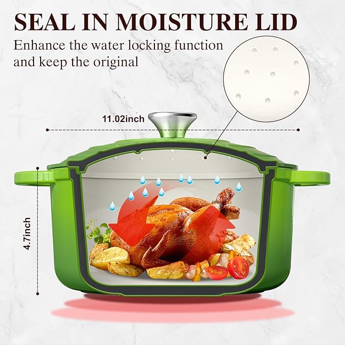 Umite Chef 7QT Enameled Cast Iron Dutch Oven with Lid & Cotton Potholders–Heavy-Duty Cookware for Bread Baking, Braising, Stews, Marinate, Cook,Refrigerate & Serve(Green)