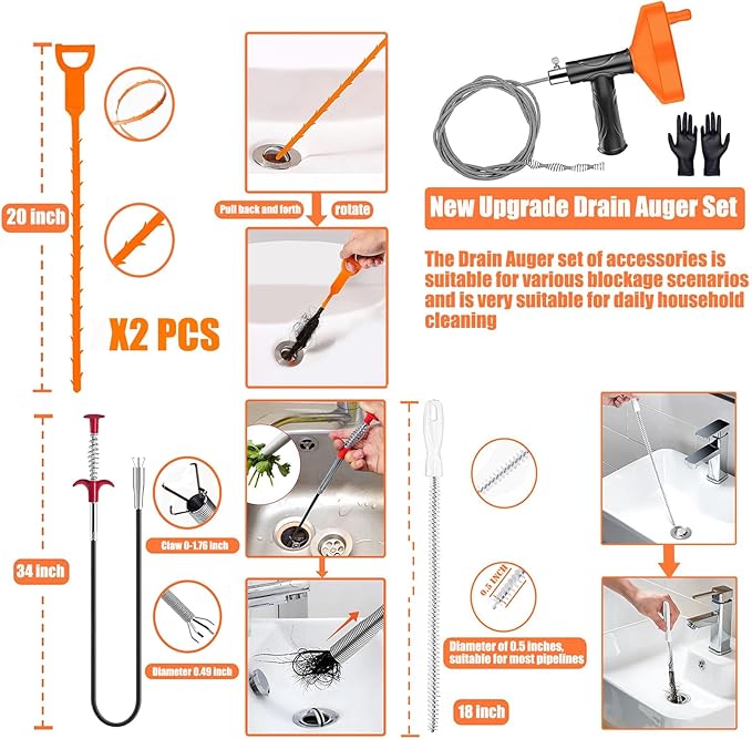 Drain Snake Auger Feet, Plumbing Snake Drain Hair Clog Removal Tool, Sink Unclogger Drain, Heavy Duty Drum Auger, Cleaner Tool for Bathroom Kitchen Tub Shower Drain Clog Remover with Gloves