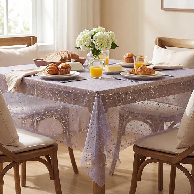 Horaldaily Grayish Purple Gold Tablecloth 52x70 Inch Rectangular, Golden Sequin Glitter Metallic Foil, Sheer Tulle Cheesecloth for Wedding Baby Shower Ceremony Birthday