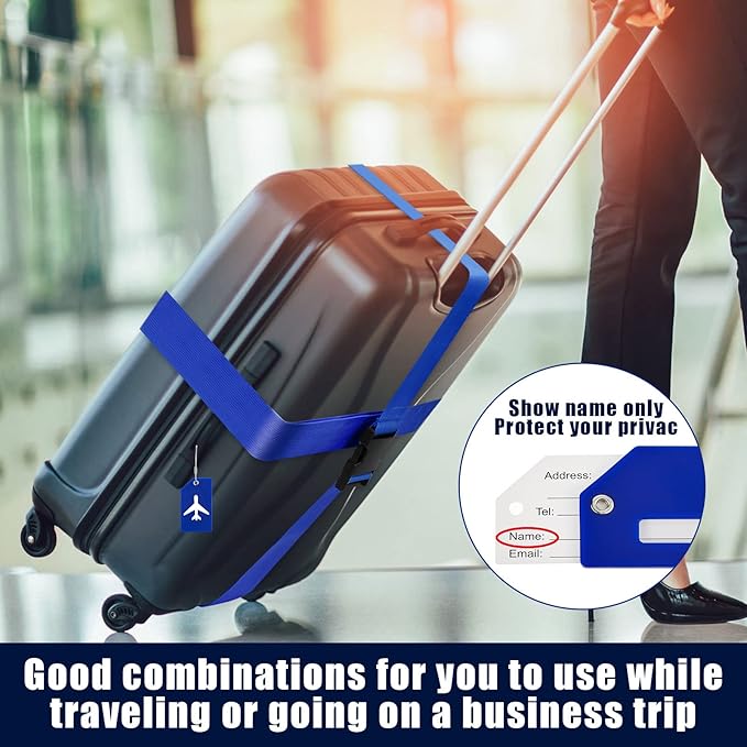Weewooday 8 Pcs Luggage Straps Suitcase Tags Set for TSA Approved, 4 Travel Adjustable Suitcase Belt, 4 Silicone Luggage Tags with Name ID Card Travel Accessories(Ultramarine,Airplane)