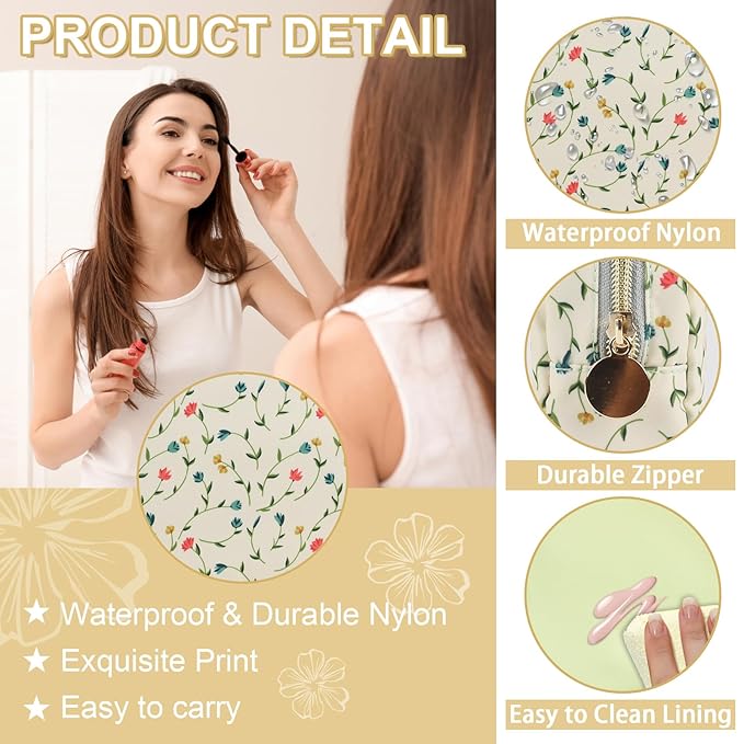 Waterproof Small Floral Makeup Bag Pouch for Purse,Nylon Flower Cosmetic Bag Preppy Travel Toiletry Storage Bag for Women Girl,Cute Makeup Organizer Bag Pouch with Zipper(Small Light Yellow-Flowers)
