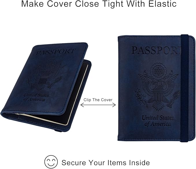 WALNEW Passport Holder for Travel, RFID Passport Cover Wallet for Women Men, PU Leather Passport Book Card Holder Case with Pen (Elastic Band Closure, A-Navy Blue)