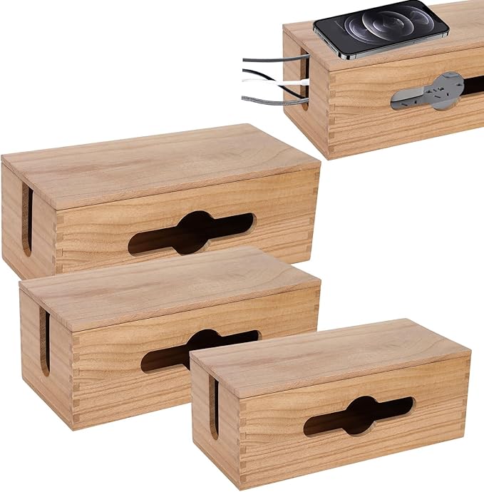 3-Piece Wooden Cable Management Box Kit: Wooden Cable Hider Storage Box Cord Organizer to Hide Cords & Wires for Desk Organization Protector Box for Home Office Kitchen Desk TV Computer Wires (S + M + L)