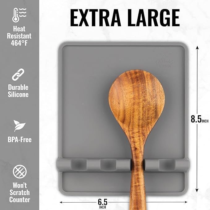 Zulay Kitchen Extra Large Silicone Utensil Rest with Drip Pad for Multiple Utensils - BPA-Free Heat-Resistant Spoon Rest & Spoon Holder for Stove Top - Kitchen Utensil Holder for Spoon - Gray