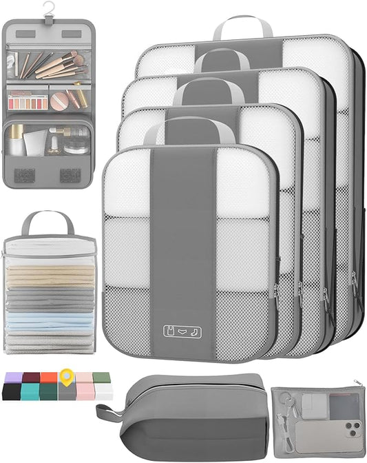 8 Set Compression Packing Cubes for Travel Essentials, Compressible Expandable Packing Cubes for Suitcase, OlarHike Luggage Organizer Bags for Travel, Handy Helper for Organizing Clothes (Gray)