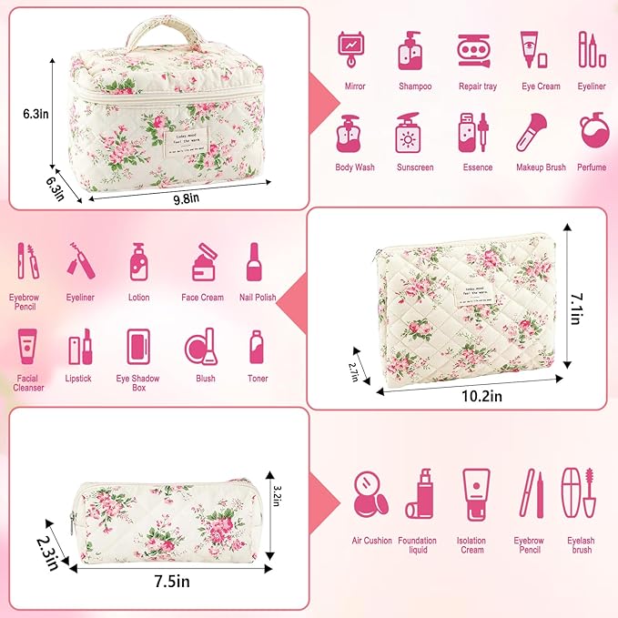 3Pcs Cotton Quilted Makeup Bag for Women Girls Large Small Travel Pink Floral Cosmetic Bags Set Cute Coquette Makeup Pouch for Purse Aesthetic Cloth Flower Storage Toiletry Bag Organizer