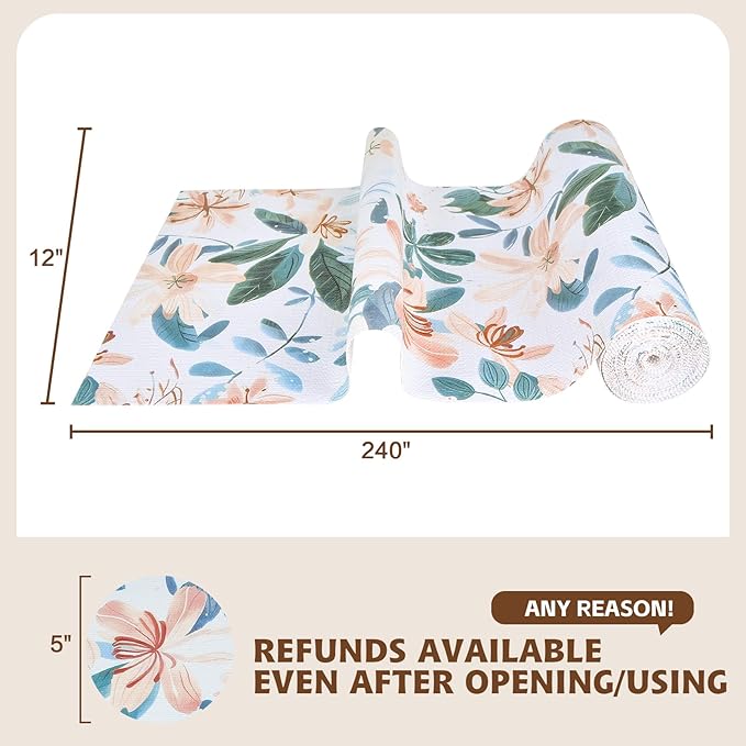 Drawer and Shelf Liner for Kitchen Cabinet,Non Adhesive Anti-Slip Double Layer PVC Waterproof Easy Clean for Dresser Bathroom Refrigerator with Knife Tape Measure(12 in X 20 Ft Colored Flowers)