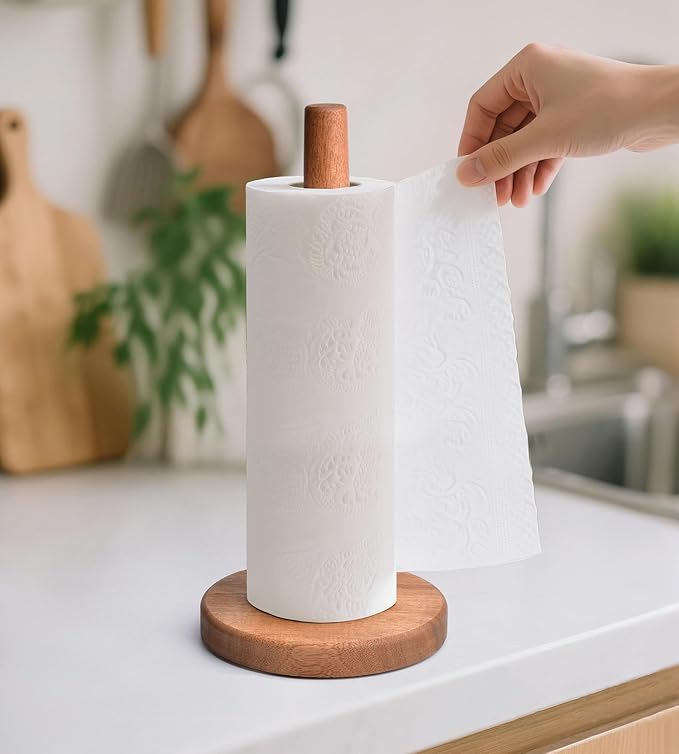 KitchLife Acacia Wooden Paper Towel Holder Countertop, Large Size - Freestanding Paper Towel Dispenser Stand Organizer with Large Anti-Skid Base