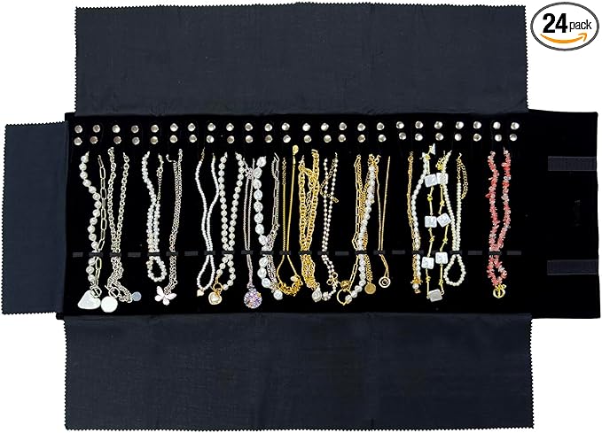 UnionPlus Velvet Travel Jewelry Roll Bag Organizer for Necklace, Elastic Band and Anti-winding, Large, Black