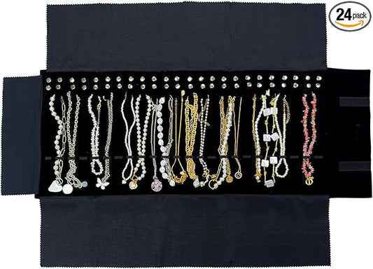 UnionPlus Velvet Travel Jewelry Roll Bag Organizer for Necklace, Elastic Band and Anti-winding, Large, Black