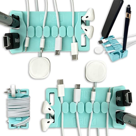 DeskBrick 2PK – Patented Non-Slip Steel-Weighted Desk Organizers & Cable Management Gadgets, Versatile Cord, Phone & Accessory Holders for Office, Home & Desktop – Best Gift for Men. Aqua