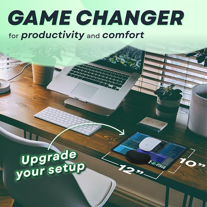 [Winos Compatible] Computer Shortcuts Mouse Pad for Windows - Wrist Rest Included. Portable Mousepad, Cheat Sheet Office, Gaming Commands, Functions DeskMat Waterproof & Non-Slip Desk Pad [12” x 10”]