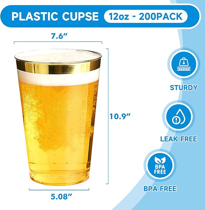 RACETOP 12 oz 200 Pack Disposable Plastic Cups with Gold Rim, Disposable Gold Rim Plastic Cups for Parties, Weddings, Gatherings, and Festival Events