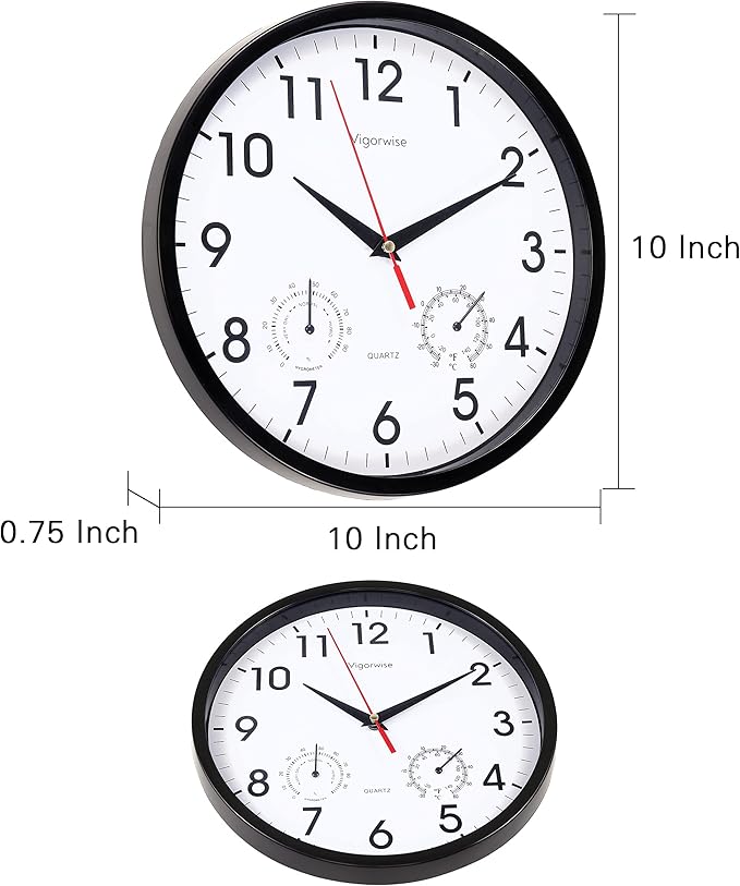 Wall Clock, Sweep Silent Movement Accurate Clocks with Temperature & Humidity, Decorative for Kitchen/Living Room/Bedroom/Office/School/Classroom (Black, 10 inch)