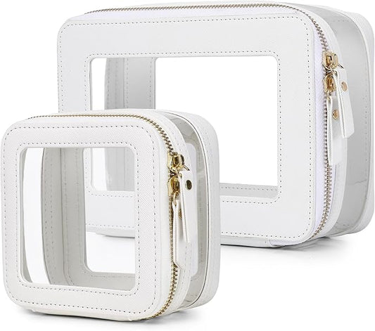 Pinkmik Clear Makeup Bag with Zipper Waterproof Travel Makeup Set for Cosmetics and Toiletries Women's Purse Organizer and Car Essentials (White, M+MINI-1)