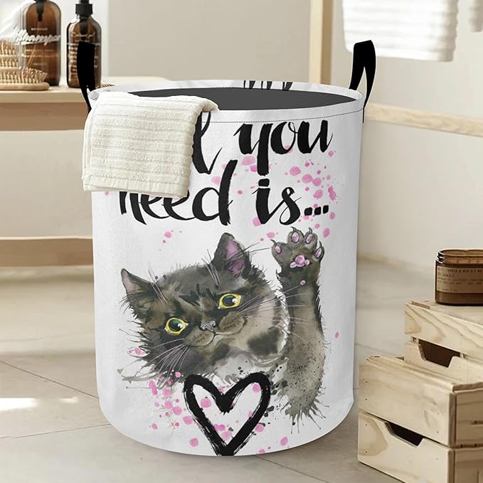 Cute Cat Laundry Basket, All You Need is an Oxford Cloth Laundry Hamper With Handle, Foldable Portable Clothes Storage Basket Storage Bag For Laundry Room/Bathroom/Bedroom/Dormitories