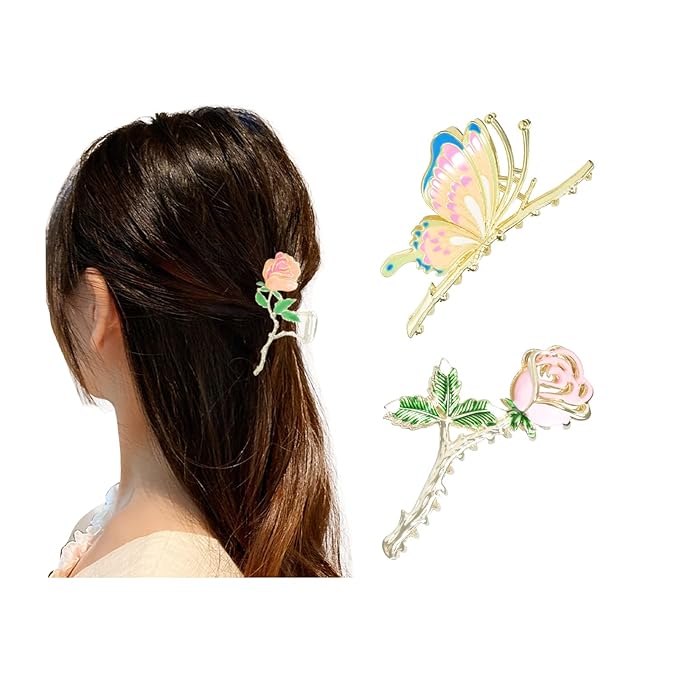3-Piece Floral Metal Hair Accessories: Butterfly Chinese Rose Claw Clips for Thin/Medium Thick Hair, Elegant Barrettes With Strong Hold and Non-Slip Cute Catch Clamps