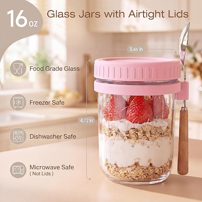 HomArtist 16oz Overnight Oats Containers with Lids and Spoons, 6 Pack Wide Mouth Mason Jars with Airtight Lids, Overnight Oats Jars for Salad, Chia Seed, Cereal, Yogurt