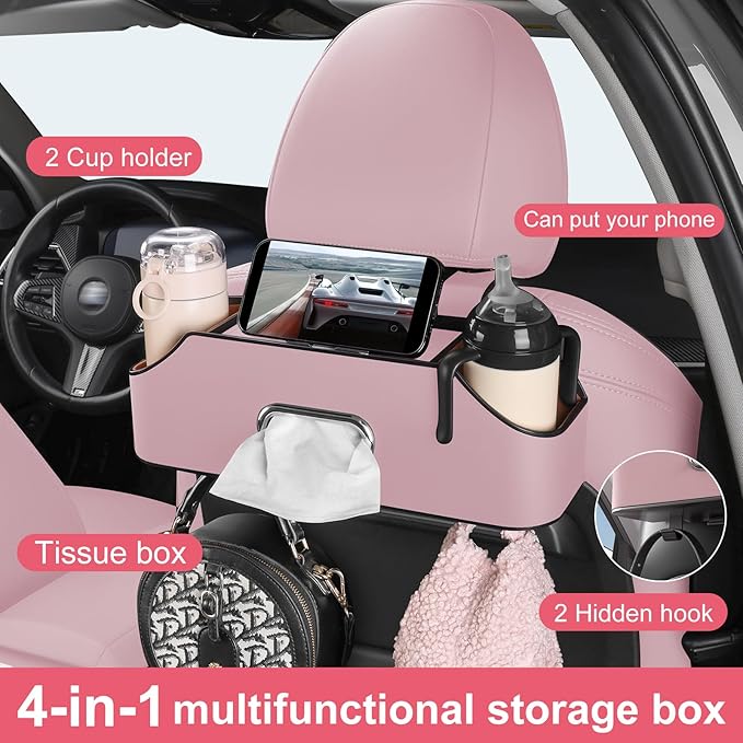 Sancaral Car Rear Backseat Extra Multifunctional Drink Cup Holder Organizers with Tissue Storage Box Organizer & Hooks for Car Seat Back. Pink