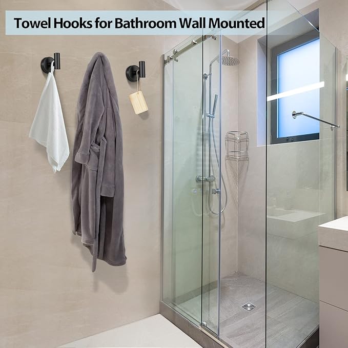 Kruodop Towel Hooks for Bathroom, 4 Packs Wall Mount Towel Holder, Black Matte Wall Robe Hook, Stainless Steel Heavy Duty Door Hanger Towel Hook for Kitchen, Bedroom, Hotel, Pool, Coats - Black