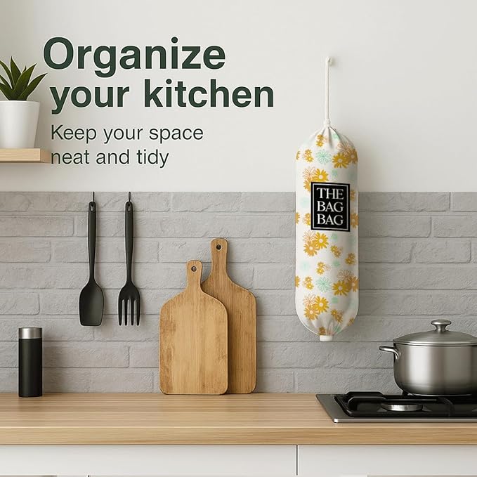 Plastic Bags Holder for Kitchen, The Bag Bag Grocery Bags Holder for Kitchen Essentials, Reusable Hanging Grocery Sack Organizer, Floral Reusable Trash Sack Storage Dispenser for Home Decor
