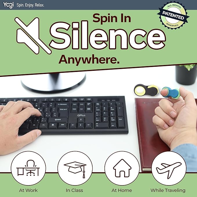 Yogi Fidget Toy – Silent Sensory Spinner for Adults & Kids – Stress Relief Fidgets for ADHD, Anxiety – Fidget Toys for Adults – Includes 5 Finger-Fit Rings – Work, School & Travel – 2-Pack