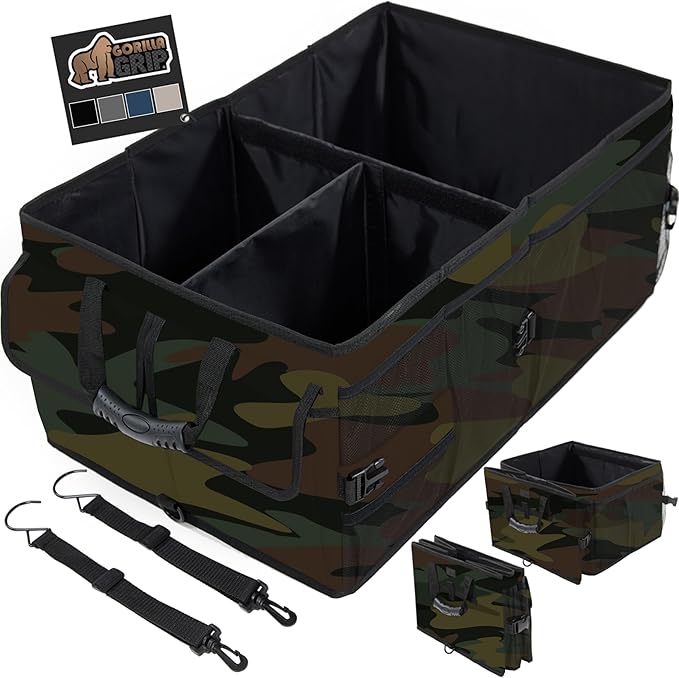 GORILLA GRIP Large Capacity Sturdy Trunk Storage Organizer, Slip and Water Resistant Collapsible Organization Container for Car Sedan or SUV, Multi Compartment Box Vehicle Accessories, Camo