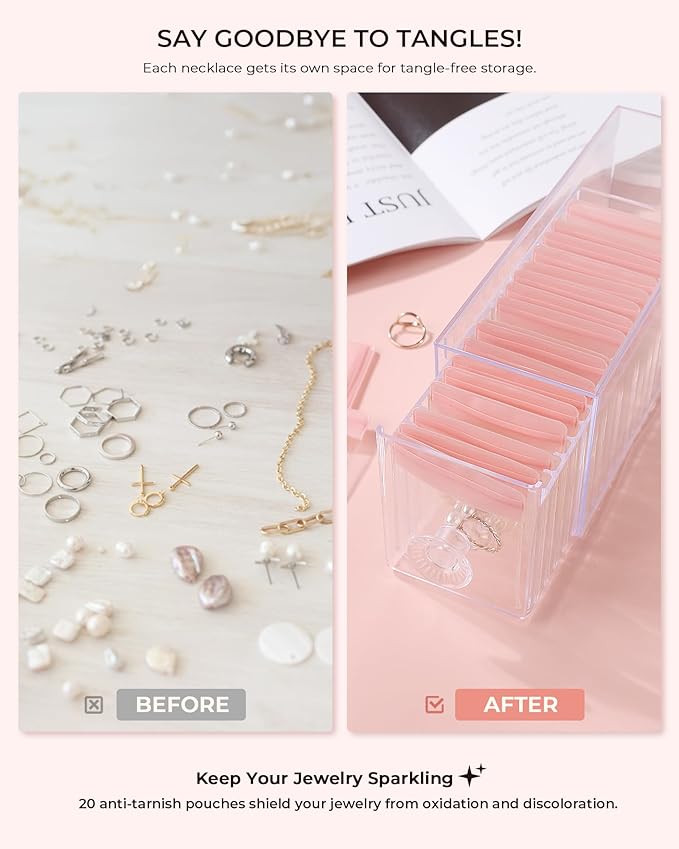 Clear Acrylic Jewelry Organizer Box with 20 Portable Pouches, Jewelry Storage Case for Women Girls, Tangle-Free, Anti-Tarnish, Compact Storage for Necklaces/Earrings/Rings, Upgraded Pink