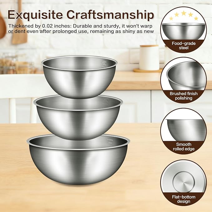 Gronivex Metal Mixing Bowls, 304 Stainless Steel, Set of 3 (1.5, 2.2 & 3.4 Qt) – Thicker-Gauge, Stackable Nesting & Space-Saving – Classic Everyday Bowls for Baking, Salad Prep & Cooking